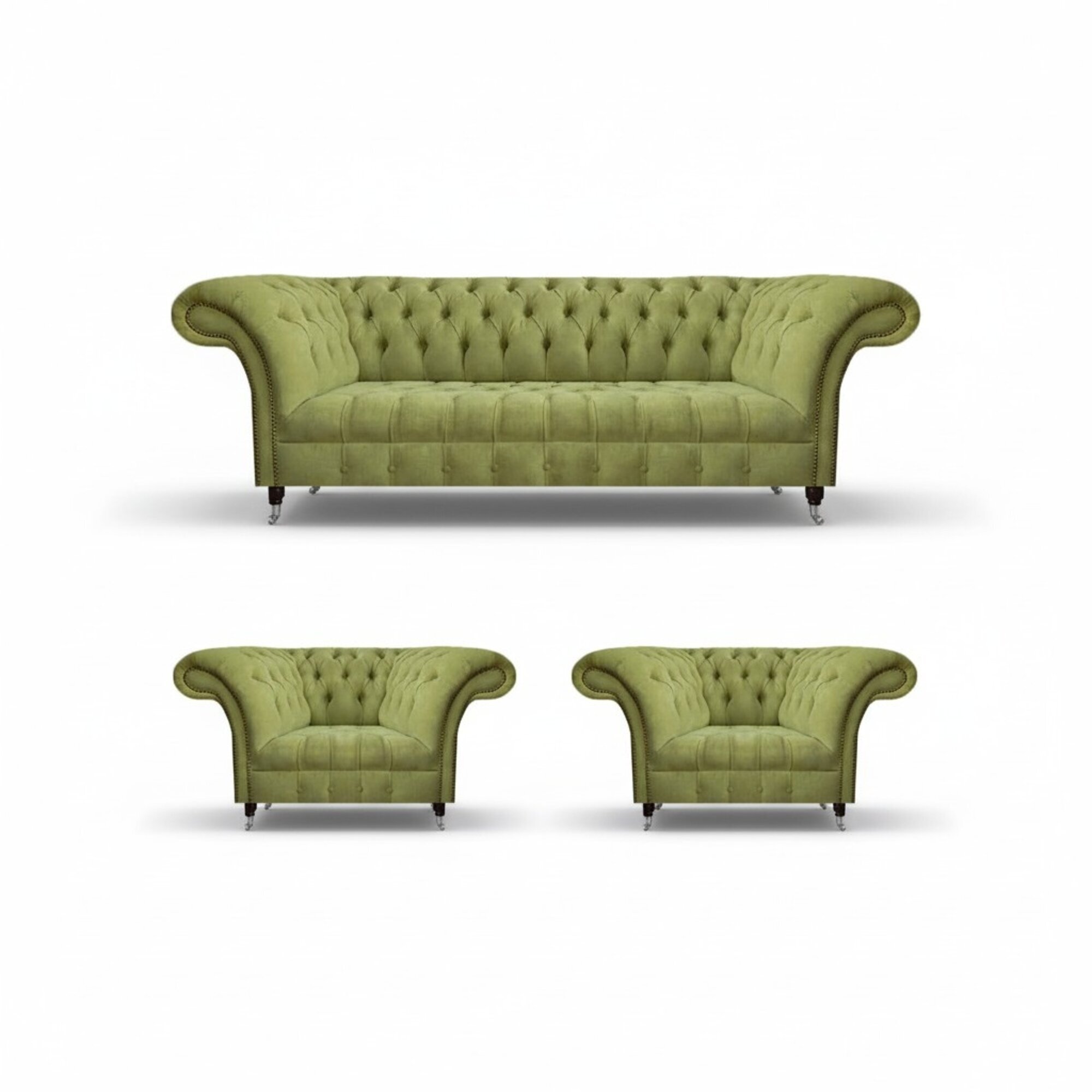 Elegante Grün Chesterfield-Sofagruppe, 3-Sitzer & 2 Sessel, optional: 4- & 2-Sitzer; Maße: Sofa 220x90x80cm, Sessel 130x90x80cm; Material: Holz & Textil; Premium Leder & samtiger Stoff; Kristallknöpfe, echtes Holzgestell; Modernes, bequemes Design; A
