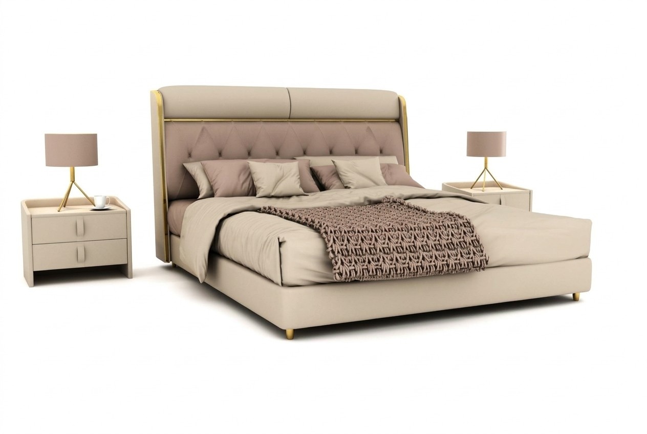 Stilvolles Beiges Schlafzimmer Bett Doppelbett Textilbetten LED-Bett