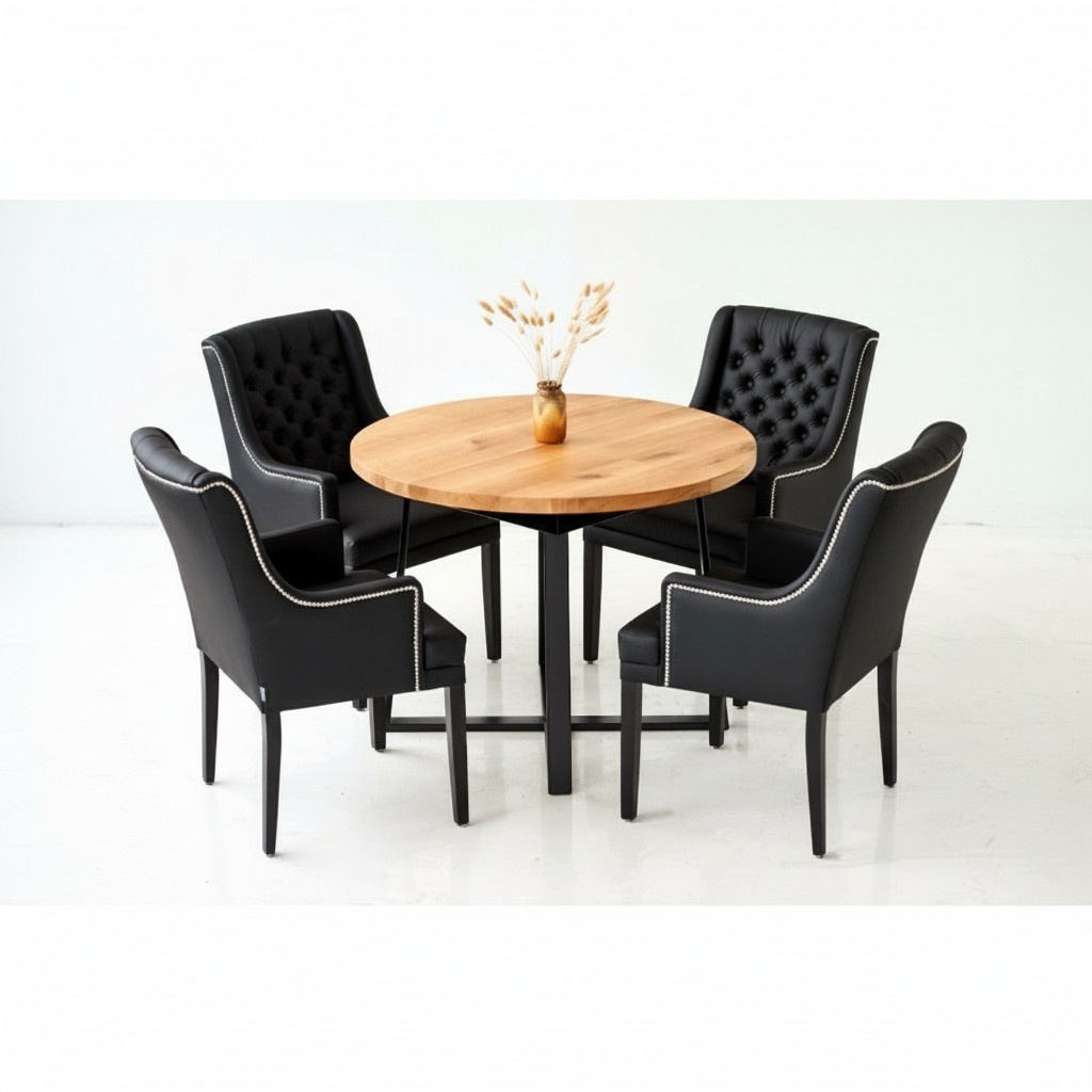 Tisch + 6x Chesterfield Gruppe Stuhl Stühle Garnitur Polster Lehn Holz