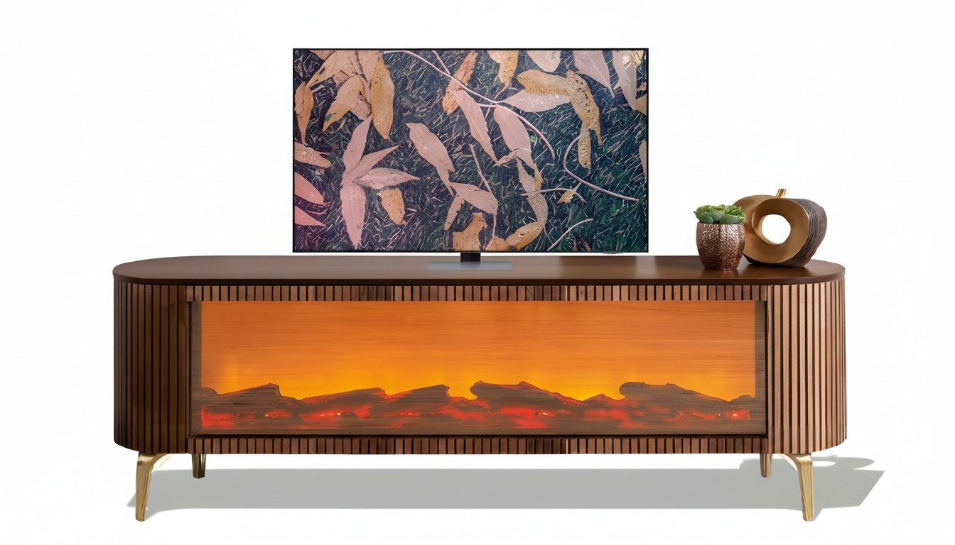 TV-Lowboard mit geriffelter Oberfläche, Bluetooth-Kamin und Farbwechsel