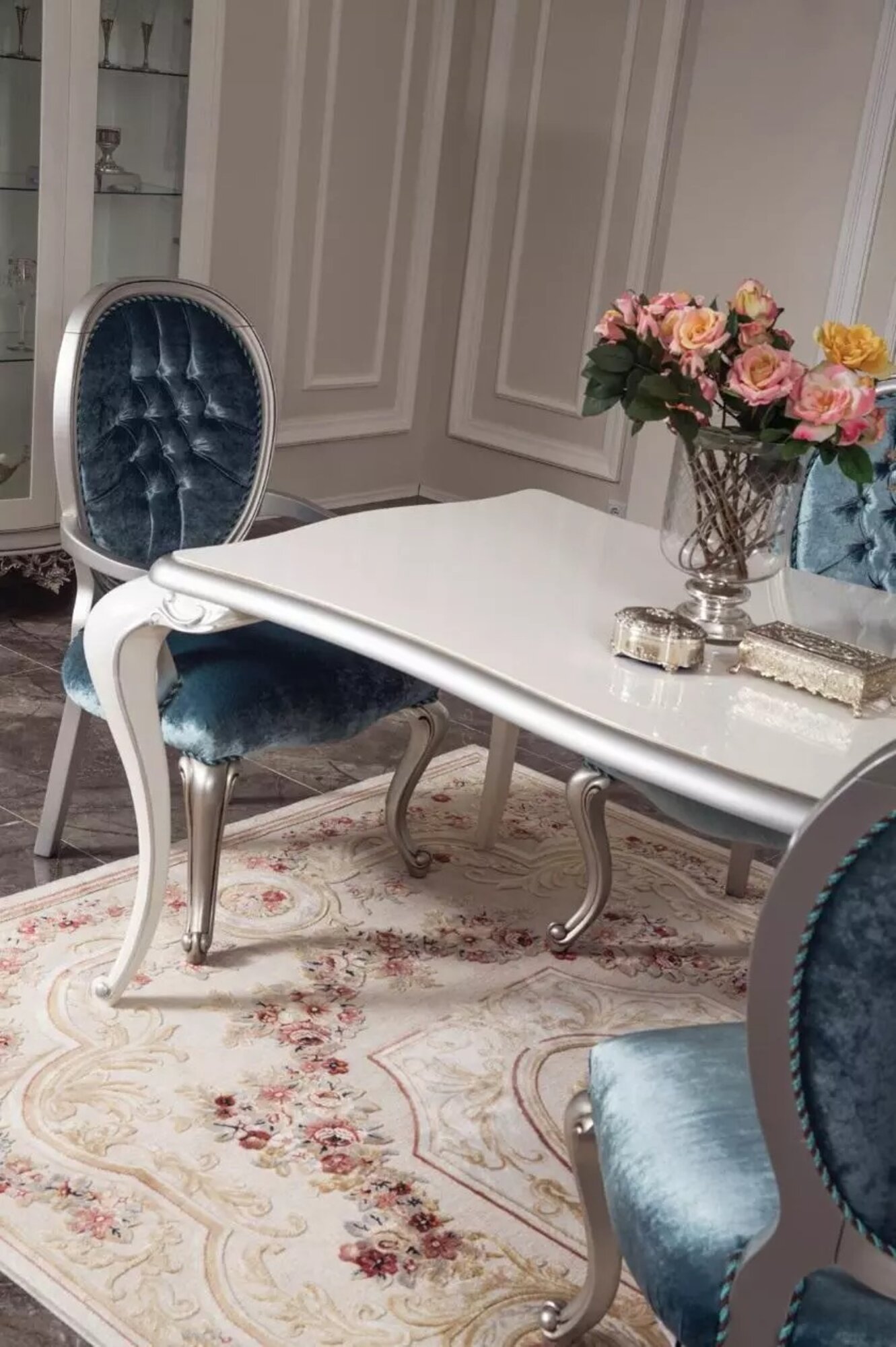 Turkis Grauer Stuhl Chesterfield Holz Stühle Armlehne Esszimmer Möbel