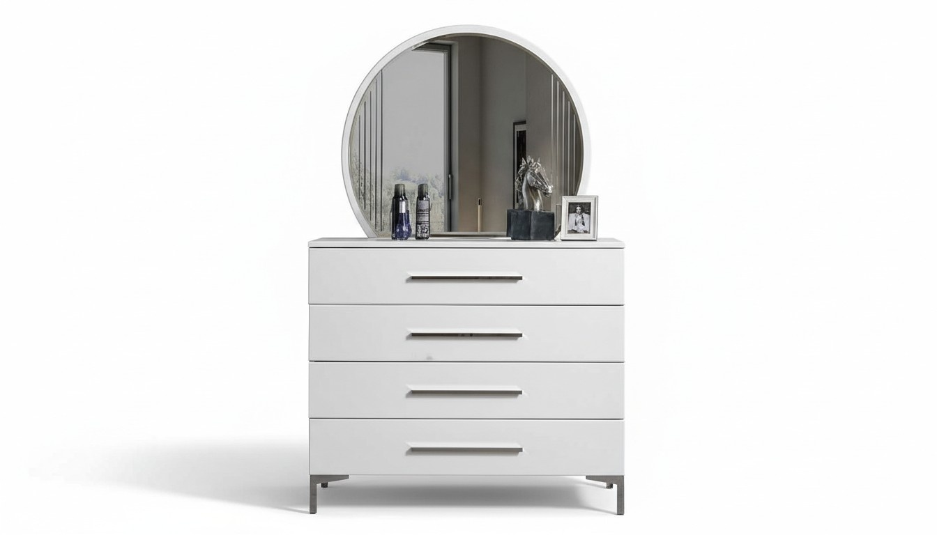 Viertürige Weiße Schlafzimmer Kommode Designer Glas Rundspiegel 2tlg Set