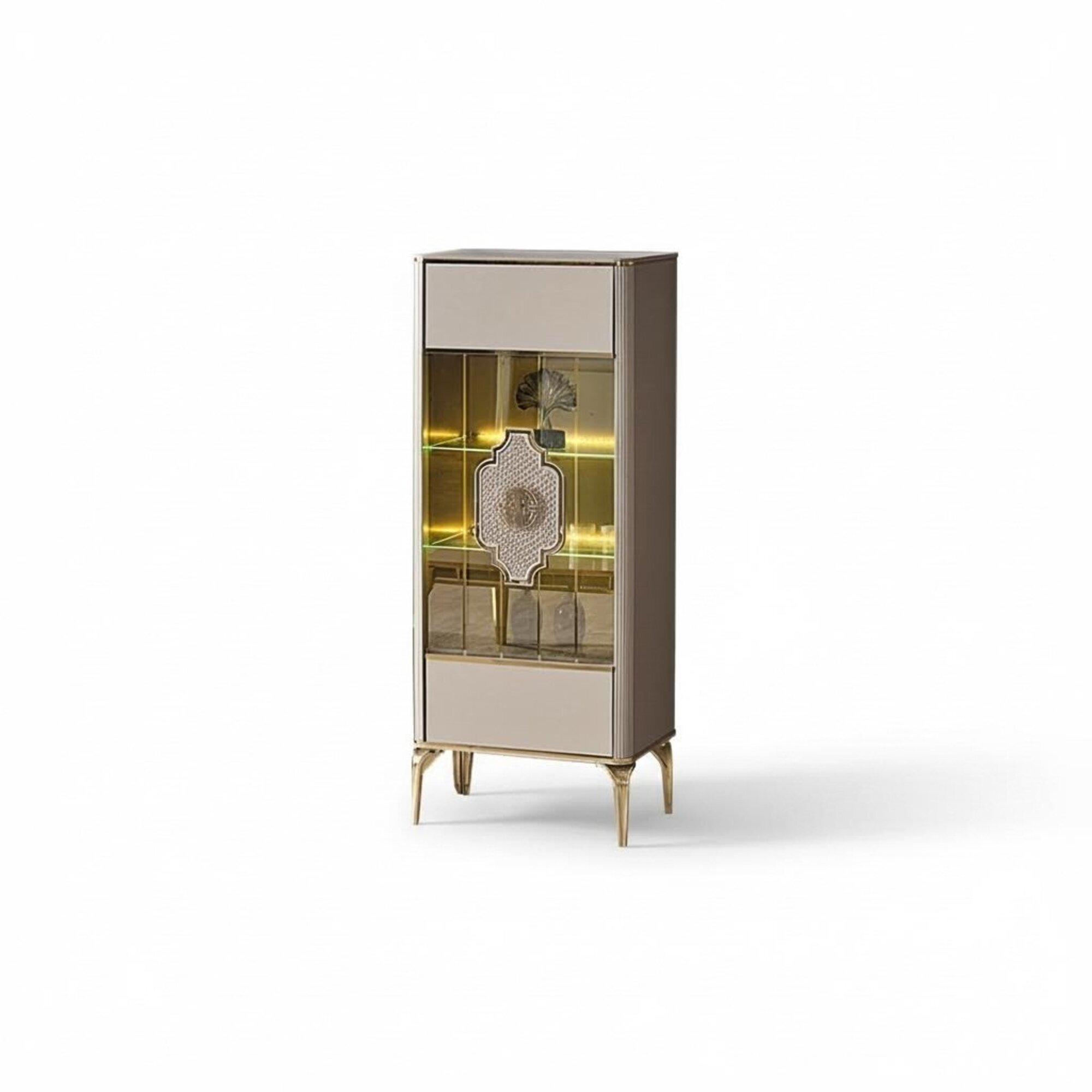 Vitrine Schrank Holzschrank Beige Glasvitrine Holz Schaukasten Luxus Glasschrank