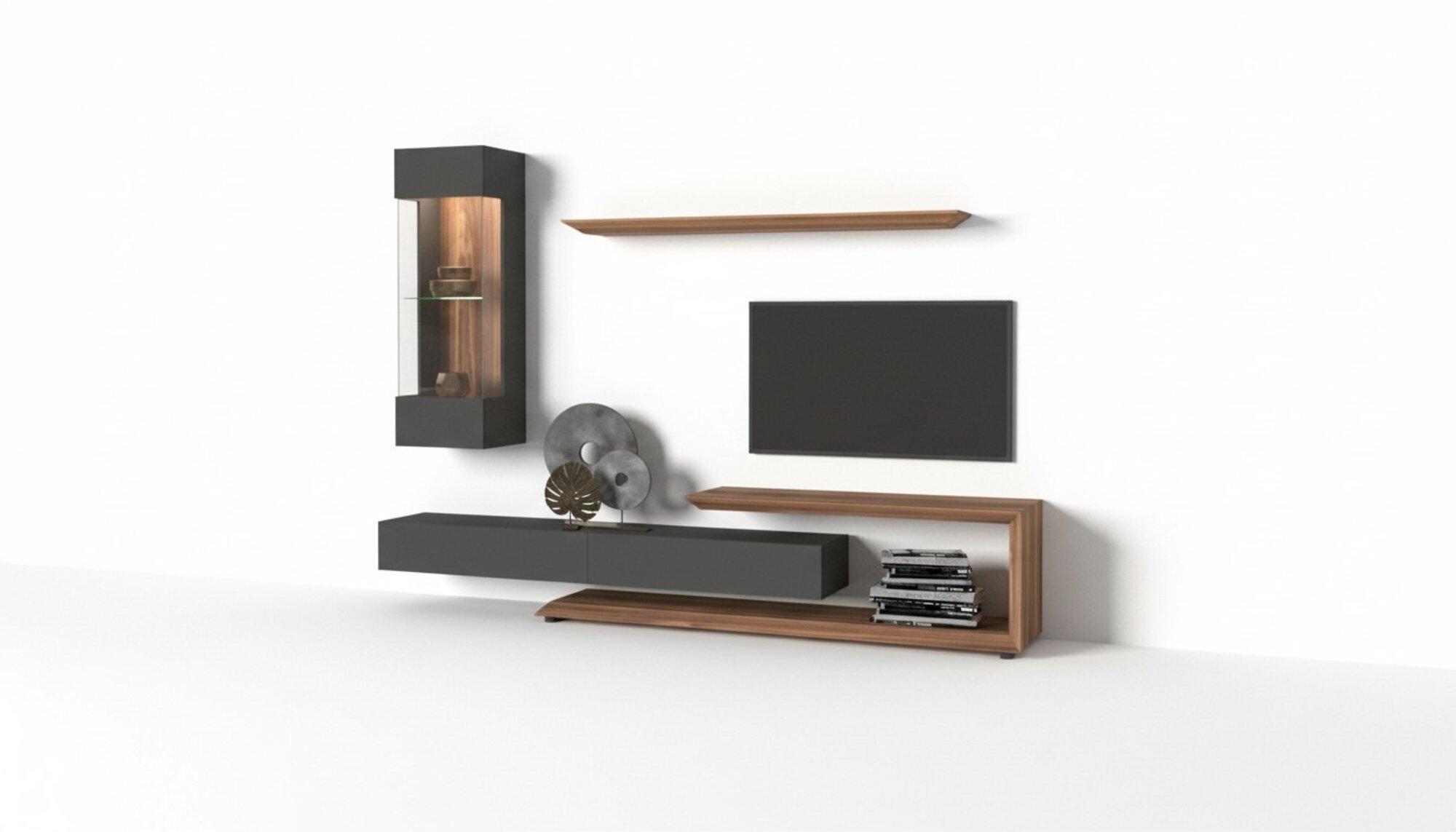 Wandschrank Wandpaneel Seitenschrank Walnuss natur - Anthrazit matt