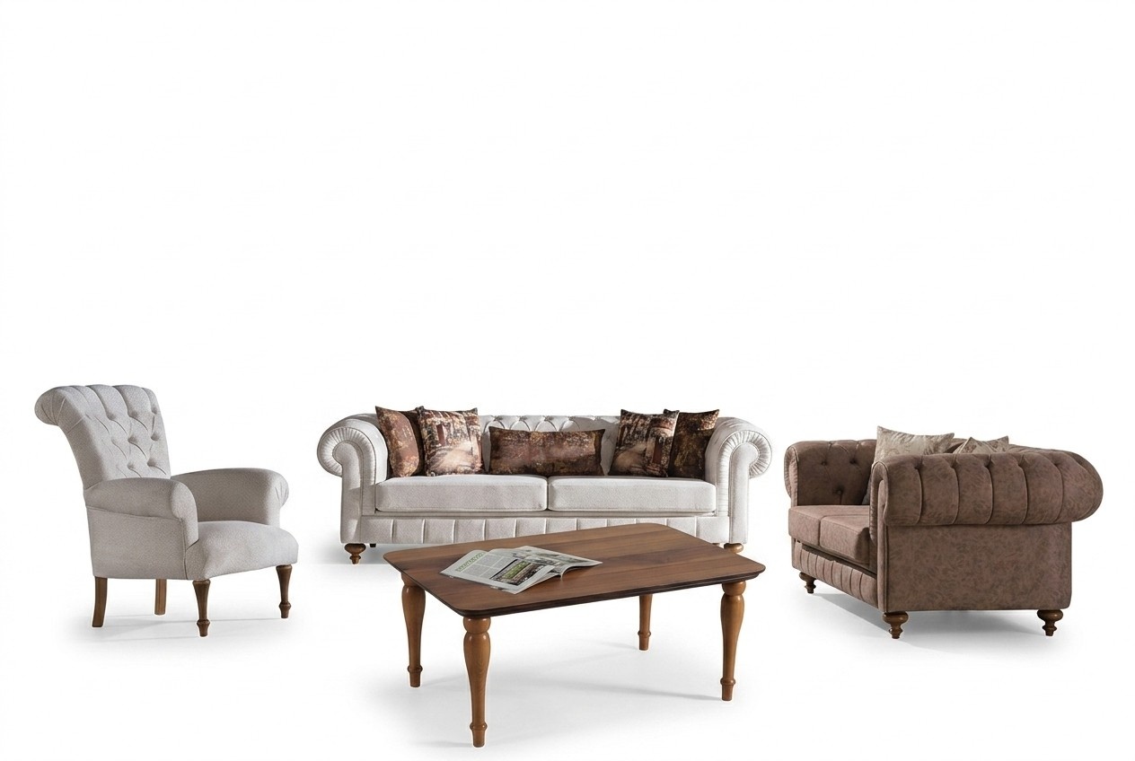 Weiß-Braune Chesterfield Sitzgruppe Designer Sofas Luxus Garnitur 3+2+1