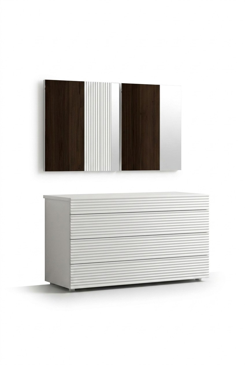 Weiße Designer Luxus Kommode mit Spiegel 4 Schubladen Holz Möbel Neu