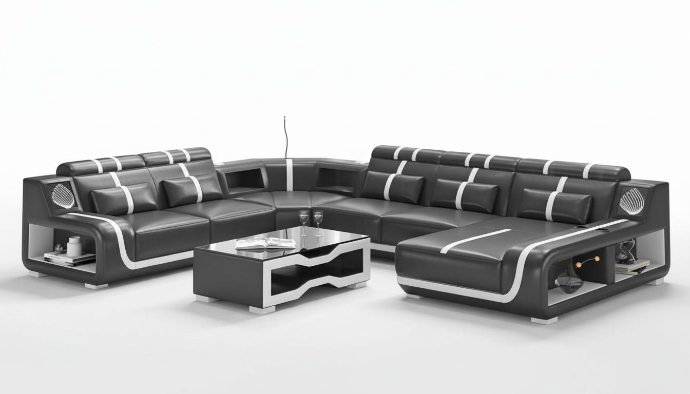 Wohnlandschaft XXL Sofa U Form Groß Ecksofa Ledersofa Schwarz Sofas