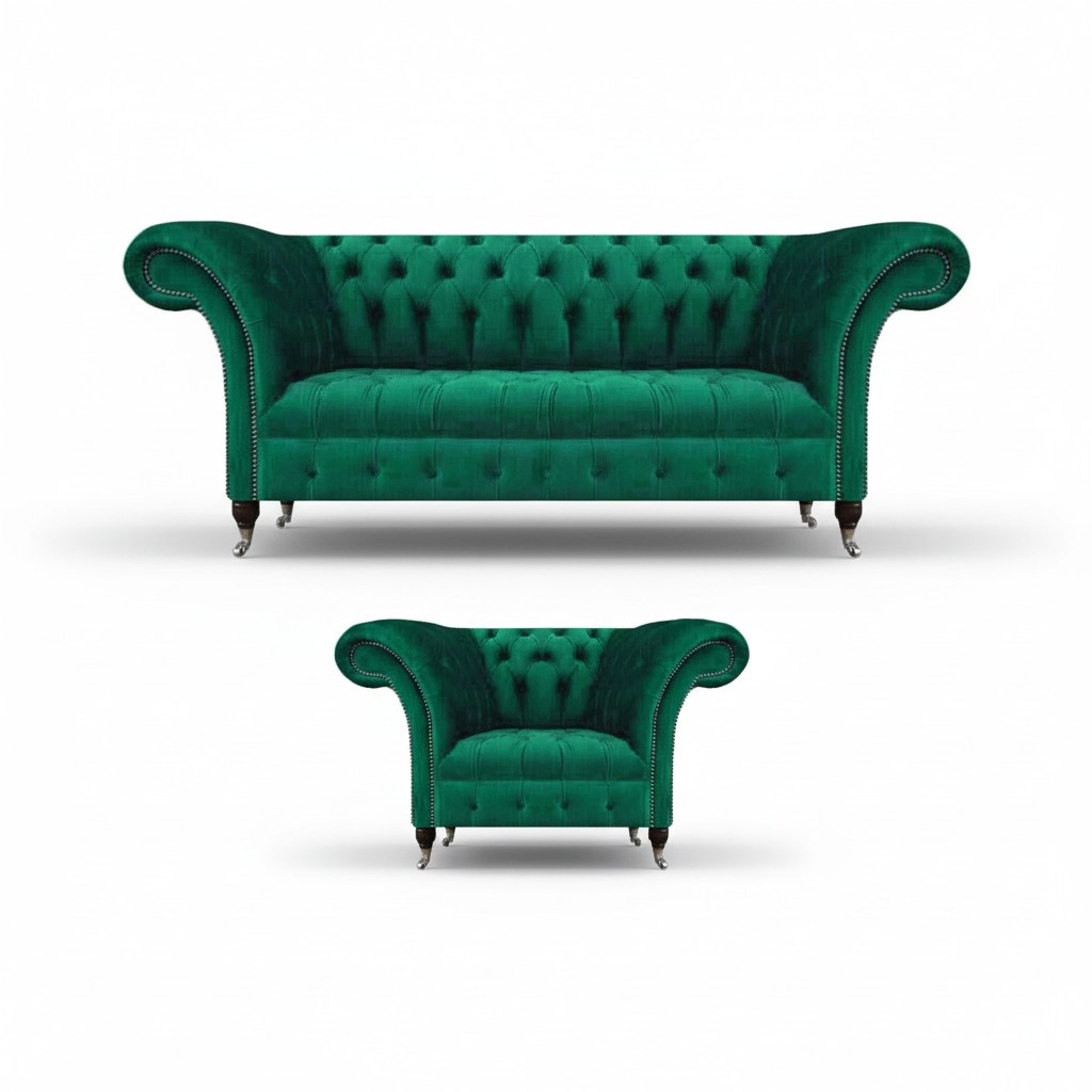 Wohnzimmer Grün Sofa Dreisitze Couch Komplett Sessel Polstersofa Chesterfield
