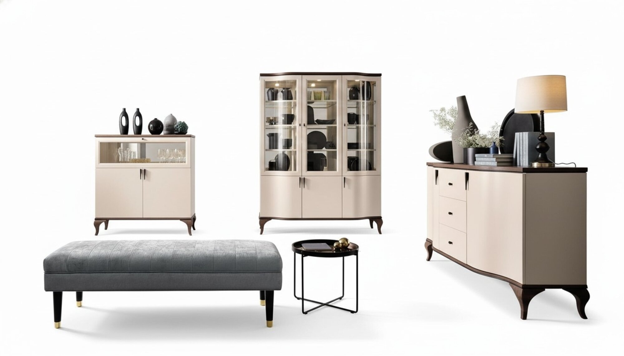 Wohnzimmer Möbel Set - Kommode Barschrank Vitrine 3tlg. Set Desing