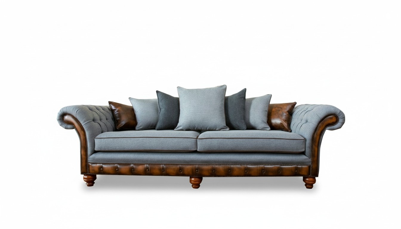 Wohnzimmer Möbel Stoff Textil Grau Chesterfield Dreisitzer Sofa Couch Polster