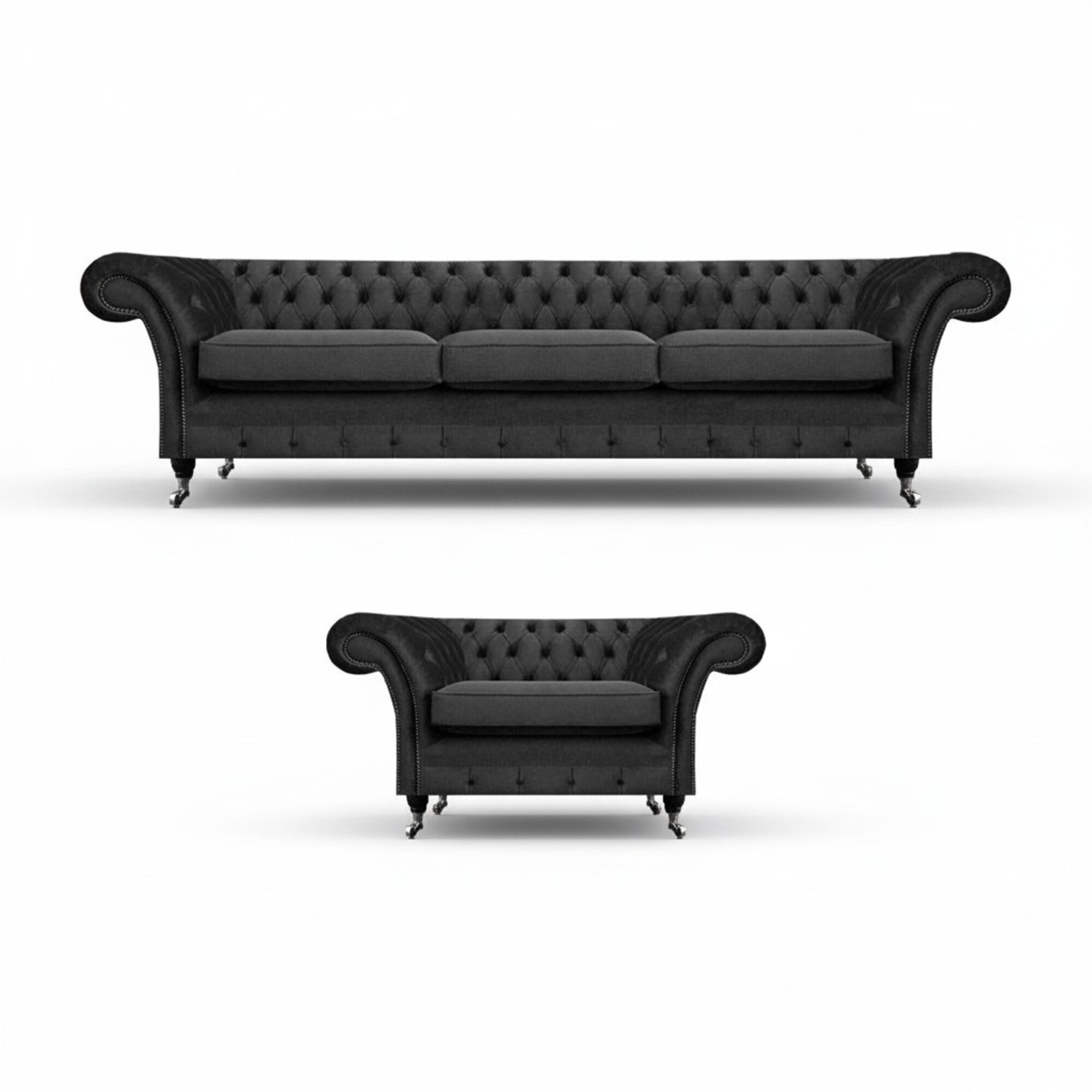 Wohnzimmer Polstermöbel Schwarz Dreisitze Sofa 3+1 Sessel Chesterfield
