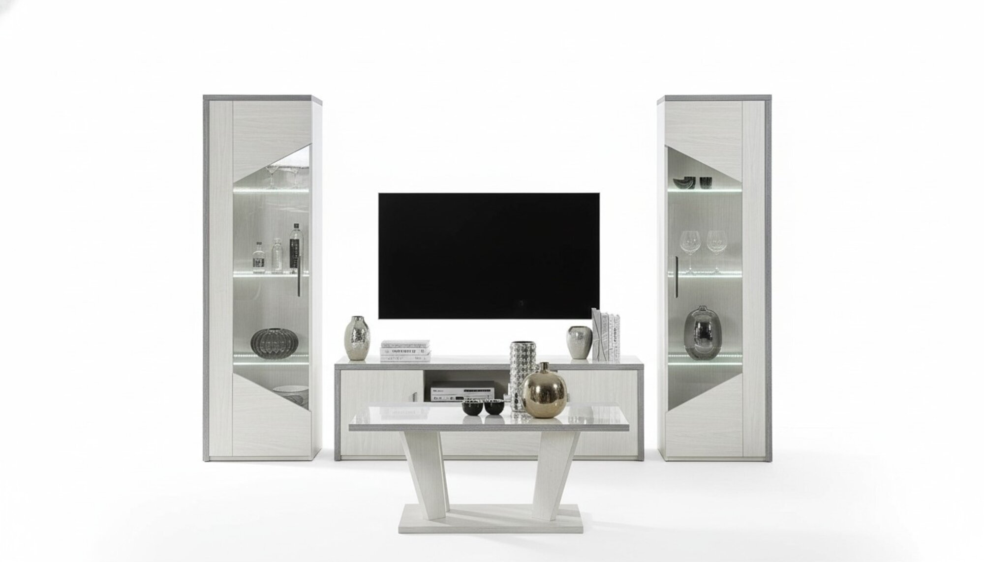 Wohnzimmer RTV Vitrine Wohnwand Holz Schrank Design Weiß Modern Neu Set 3tlg.