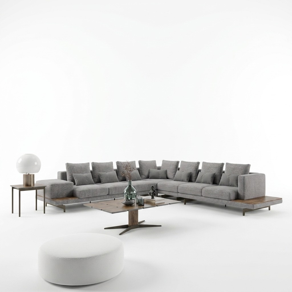 Wohnzimmer Set 3tlg Grau Ecksofa L-Form Holz Couchtisch Beistelltisch