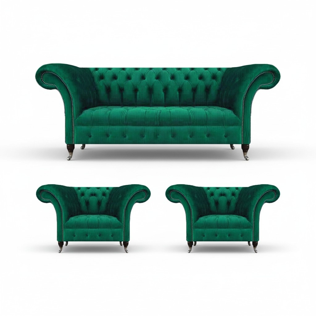 Wohnzimmer Set Komplett 3tlg Grün Sofagarnitur Textil Polstersofa Chesterfield