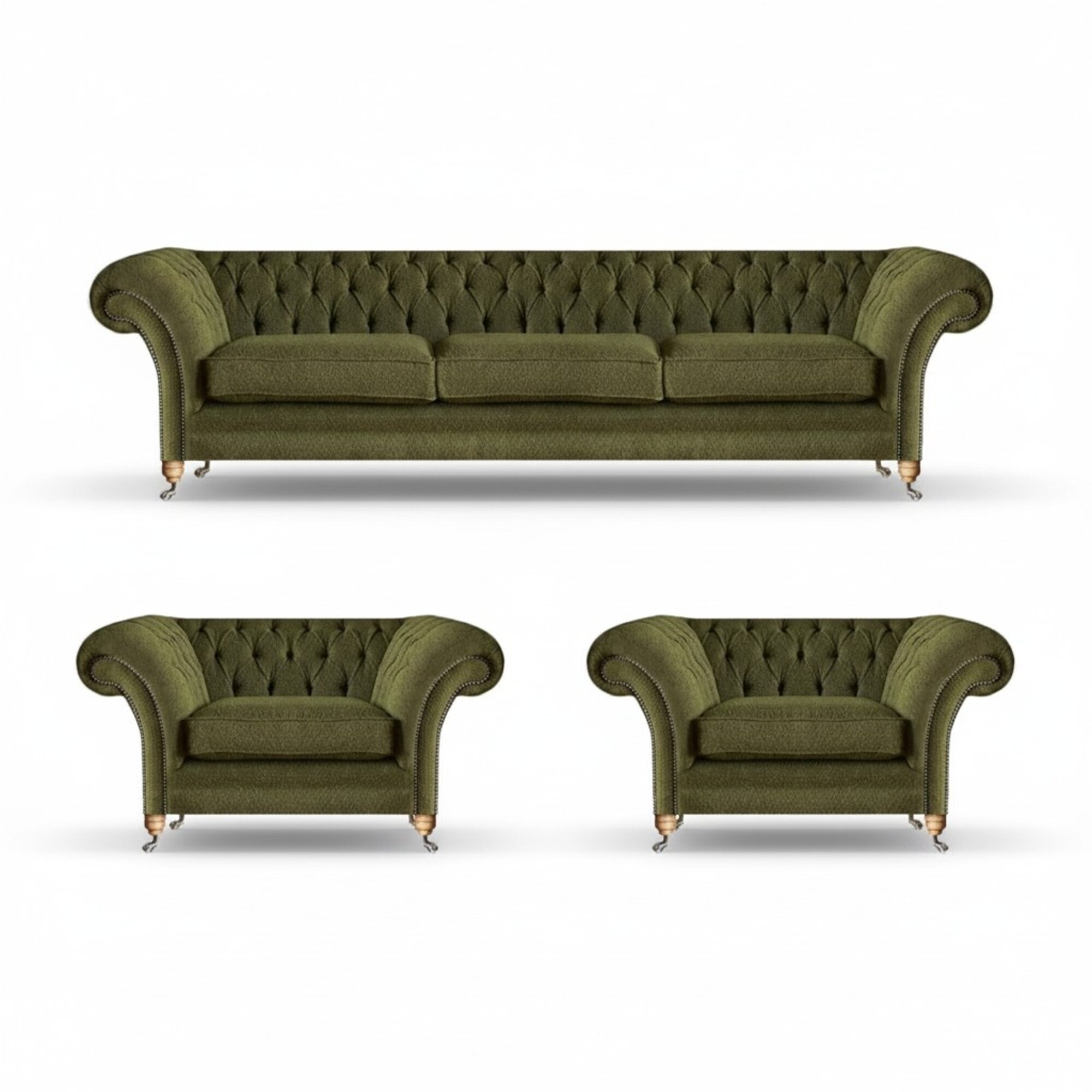 Wohnzimmer Sofagarnitur 3tlg Grün Stoff Dreisitze Sofa 2x Sessel Chesterfield