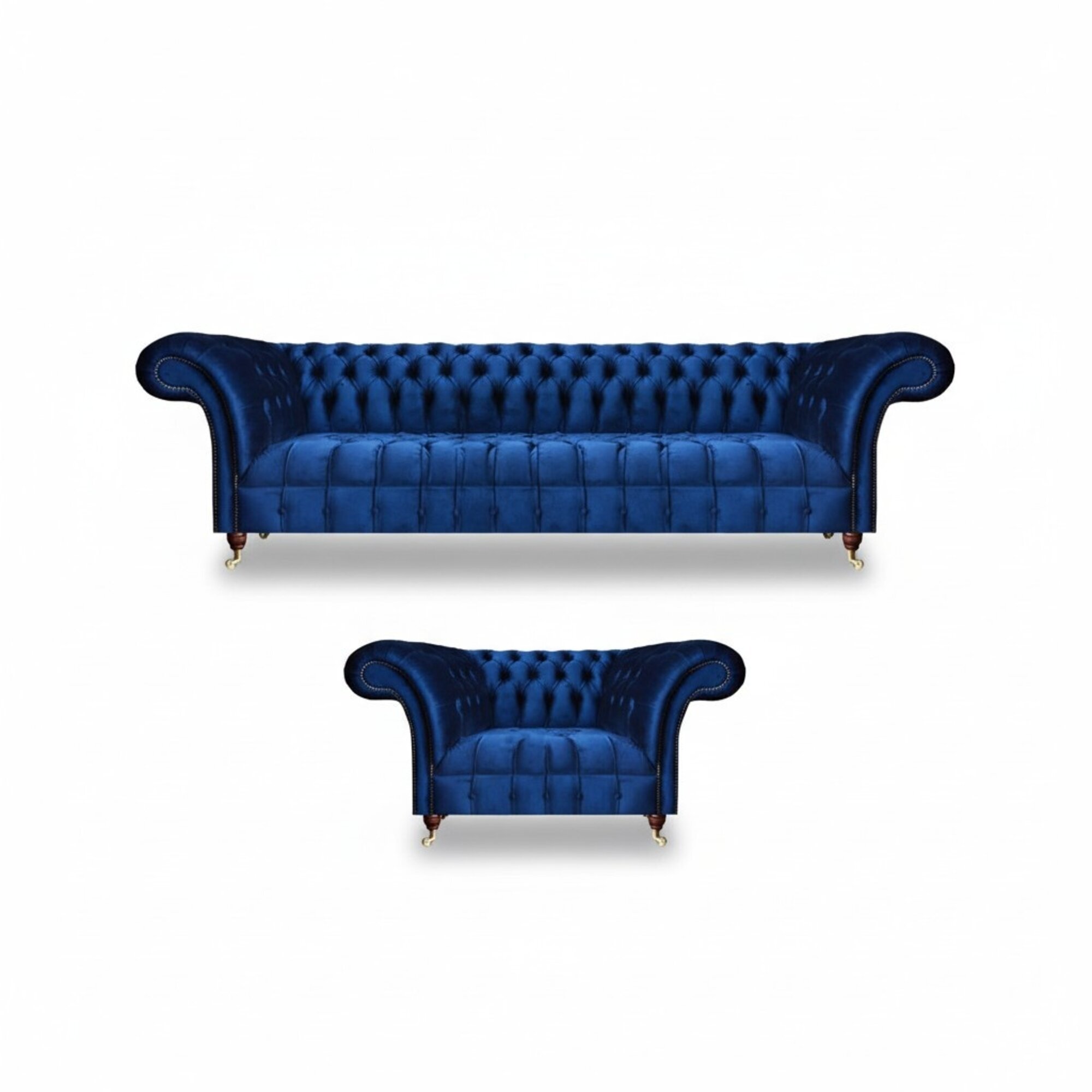 Wohnzimmer Sofagarnitur Textil Sessel Blau Sofa Dreisitze Couch Chesterfield