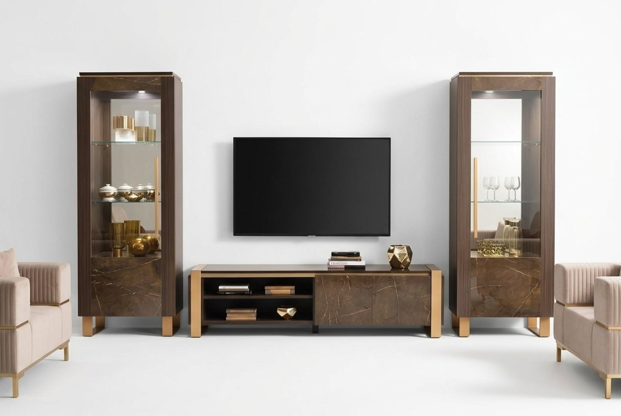 Wohnzimmermöbel Set Designer Wohnzimmer Sideboard 2x Vitrine 3tlg.