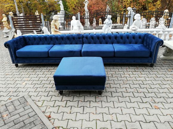 Desiger Chesterfield Sofagarnitur Textil Blau 4 m XXL+ Hocker Couch