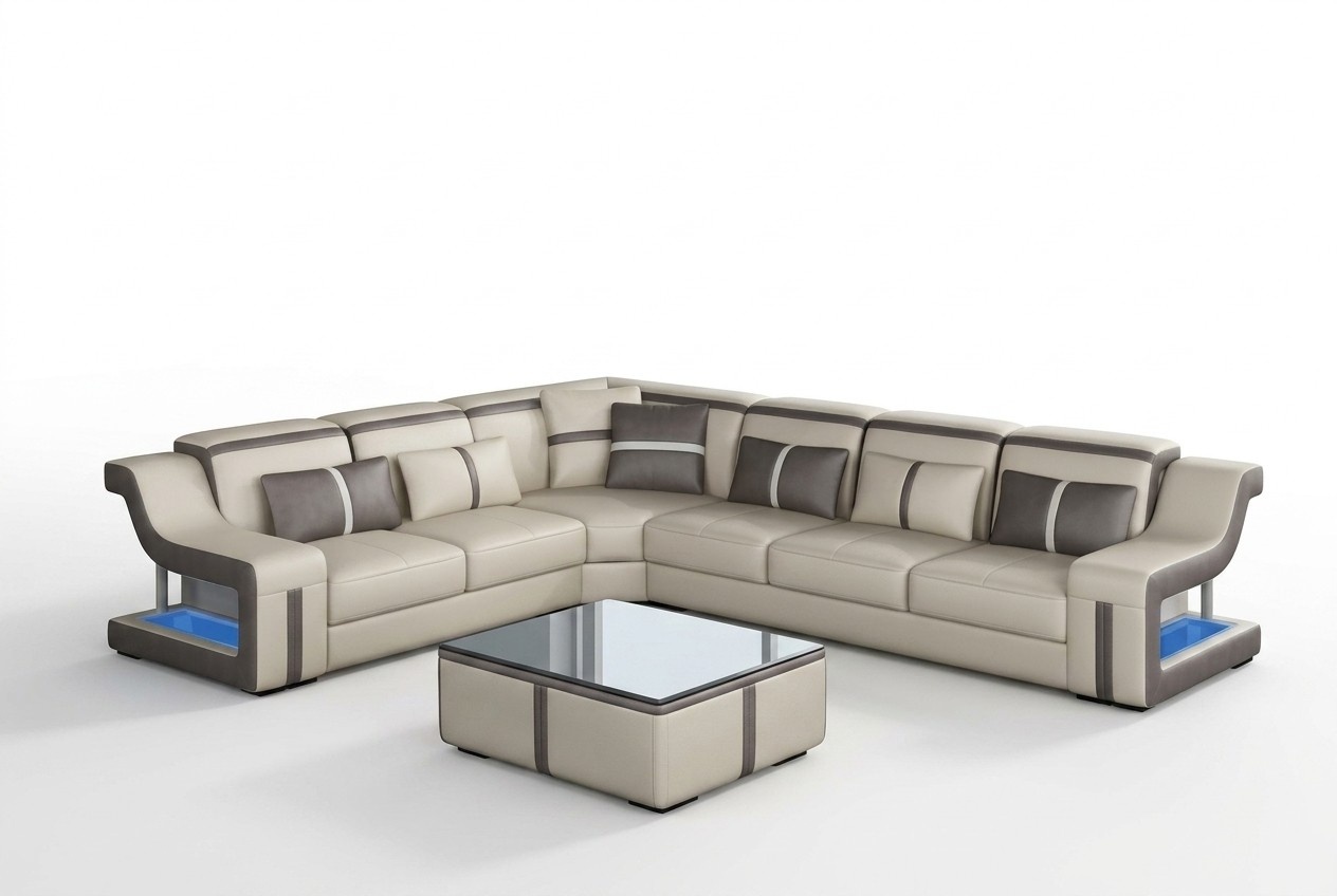 XXL Ecksofa Sofa mit USB Eck Wohnzimmercouch Sofa Couch Tisch Polster Sitz Leder