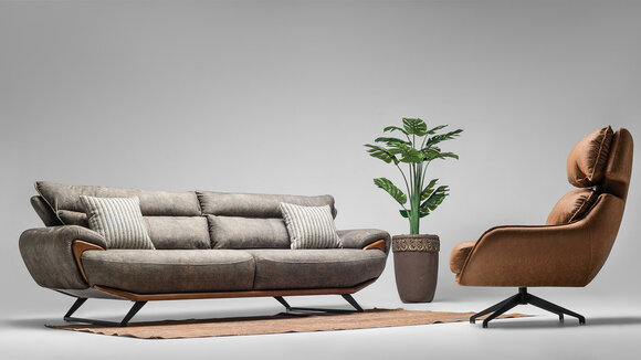 Stoffsofa Gruppe Dreisitzer Sofa Sessel Counch Polstersofa Grau Set