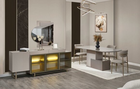 Essgruppe Esszimmer Essecke Esstisch Stühle Sideboard Holz Beige 8tlg1
