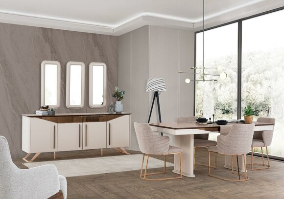 Essgruppe Esszimmer Essecke Esstisch Stühle Sideboard Holz Beige 8tlg