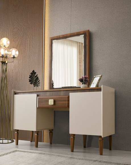 Schminktisch mit Spiegel Frisiertisch Beige Holz Schminkkonsole Design