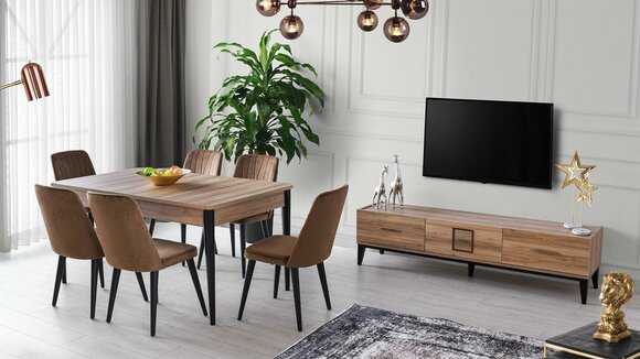 Essgruppe Esszimmer Esstisch Stühle Holz Set 8tlg Braun TV Ständer
