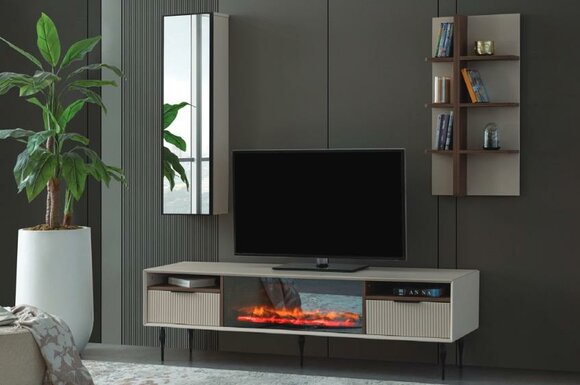 Beige Wohnwand Designer TV-Schrank Wandregal Luxus Holz Regal 3tlg Set