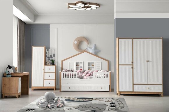Stilvoll Kinderzimmer Set Bett Kleiderschrank und Tisch Helles 4tlg