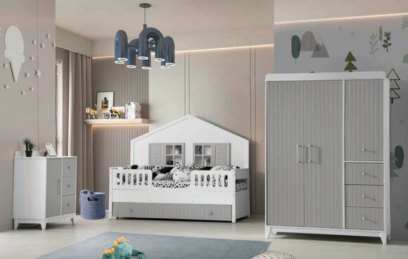 Schickes 3tlg Kinderzimmer-Set: Kommode, Kleiderschrank, Helles Bett