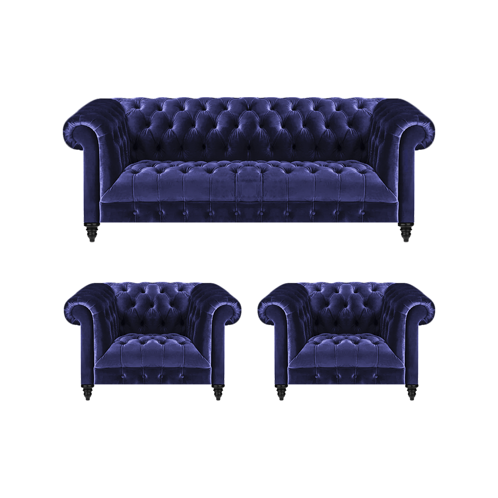 Blau Set 3tlg Chesterfield Komplett Sofa Dreisitze 2x Sessel Wohnzimmer Neu