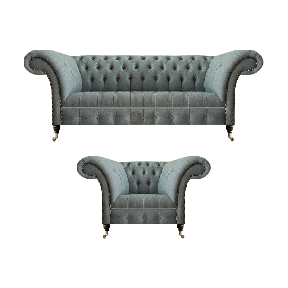Wohnzimmer Set 2tlg Modern Chesterfield Sofa Dreisitze Couch Grau Sessel