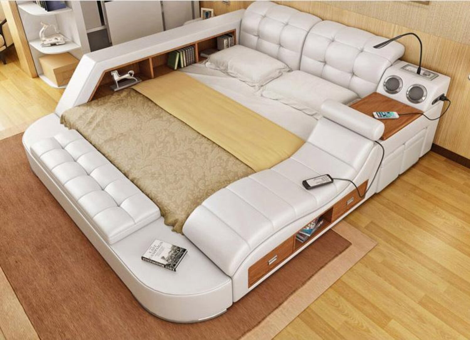 Bett Doppel Regale Leder Polster Multifunktion Betten mit Massagefunktion Neu