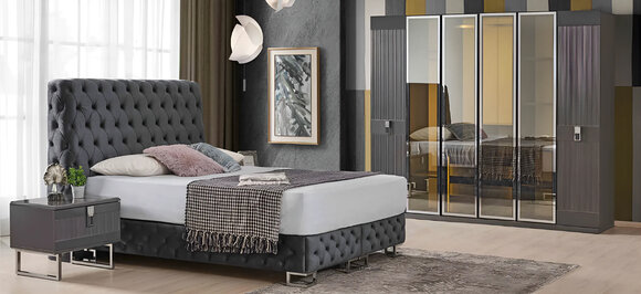 Graue Schlafzimmer Garnitur Doppelbett 2x Nachttische Schrank 4tlg Set
