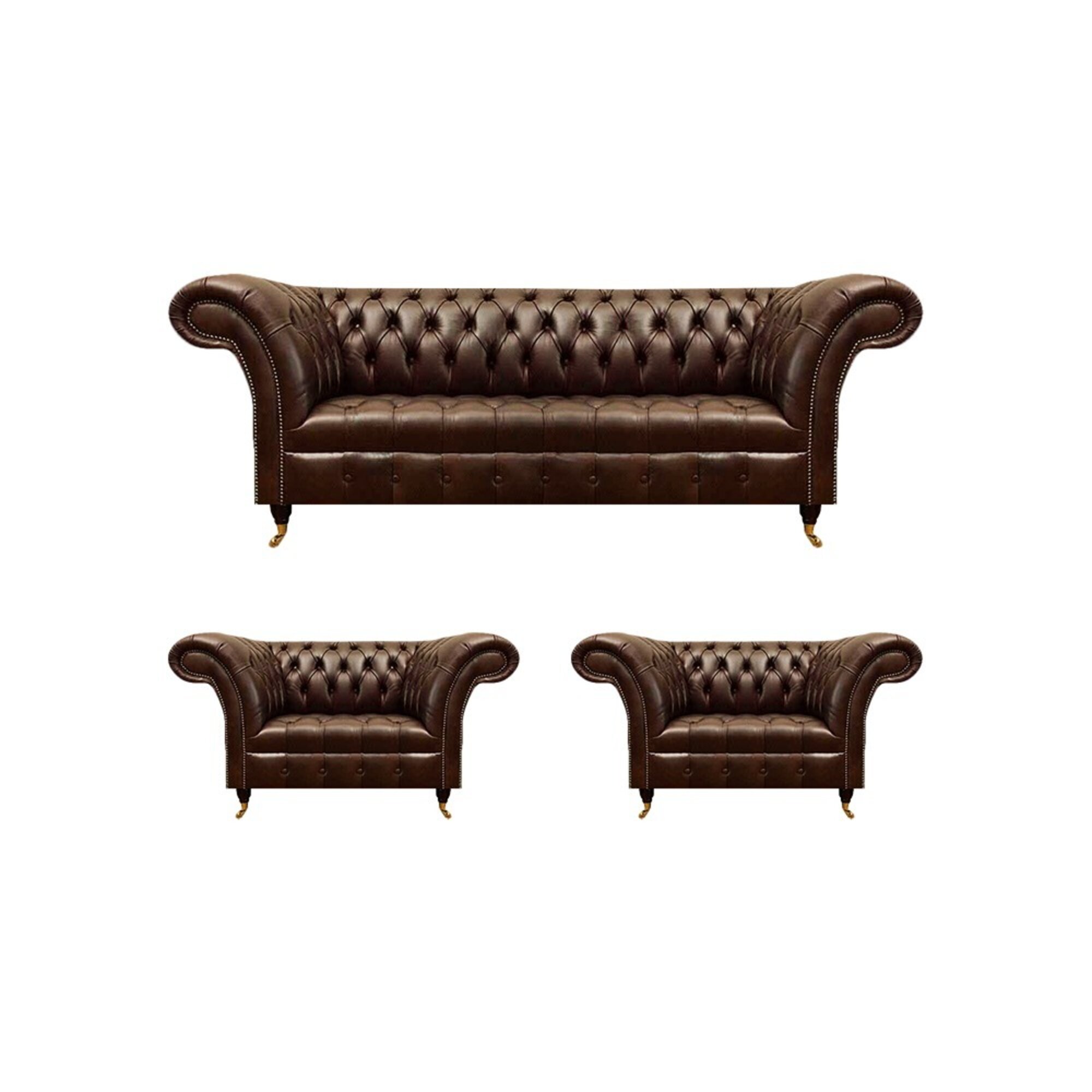 Chesterfield Braune Ledergarnitur Wohnzimmer 2x Sessel Edler 3-Sitzer