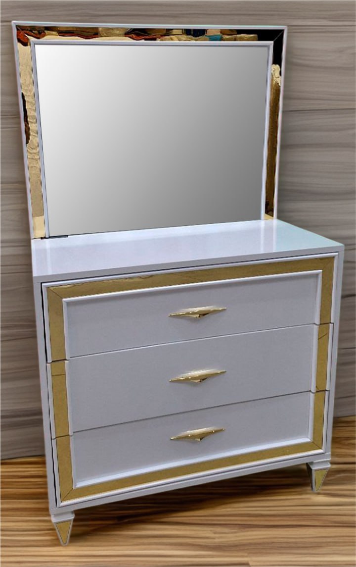 Weiße Schlafzimmer Kommode + Spiegel Holz Möbel Edelstahl Design Sofort