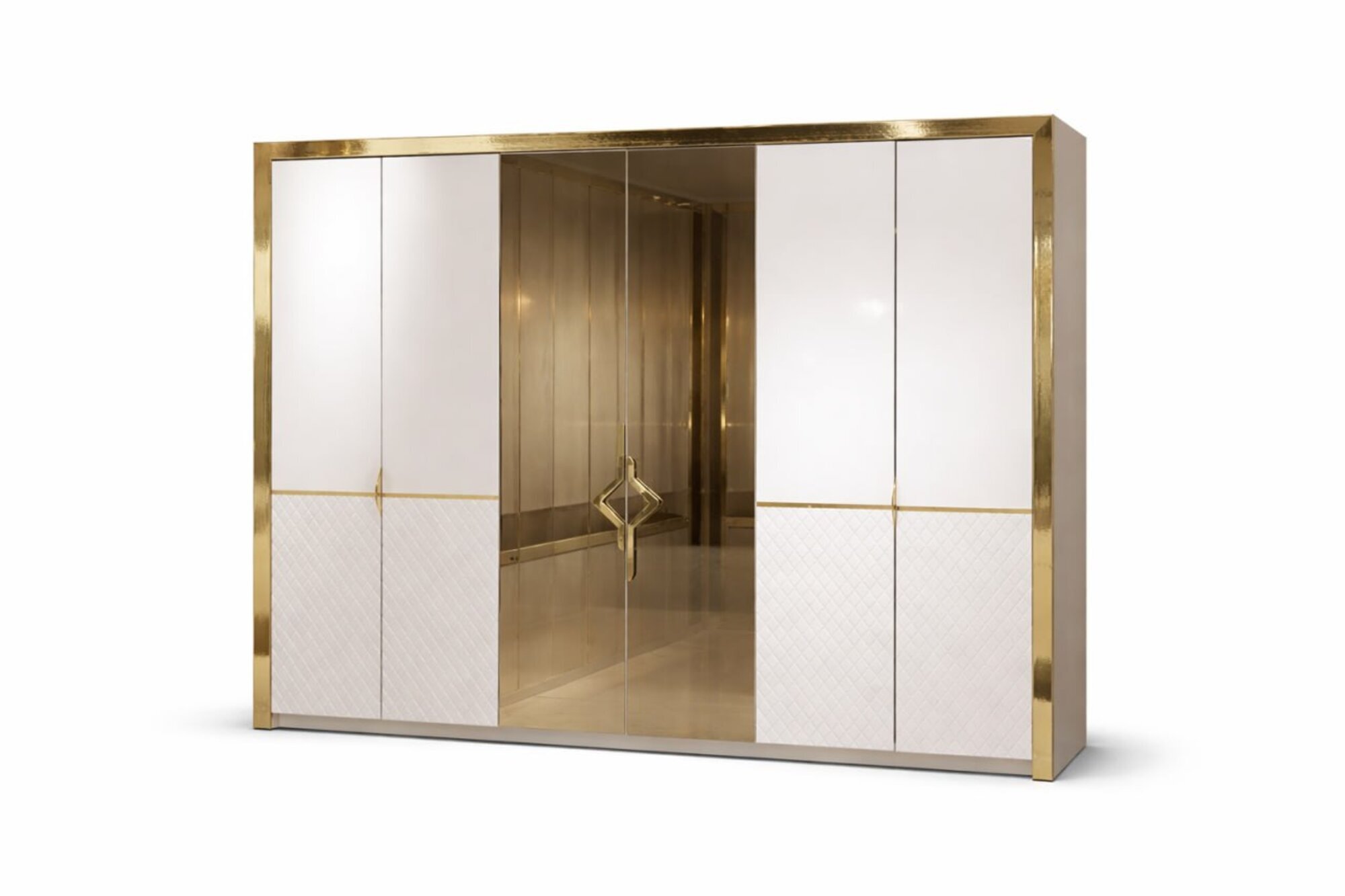 Großer Kleiderschrank Weiß-Gold mit Spiegeltüren Sofort
