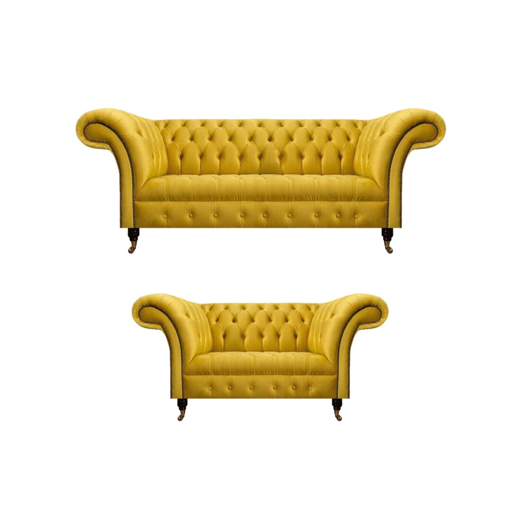 Komplette Gelbe Chesterfield Garnitur Edler Dreisitzer Zweisitzer Couch