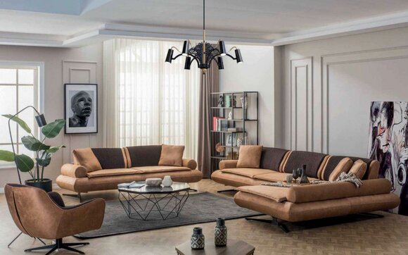 Luxus Sofagarnitur Ecksofa L-Form Zweisitzer Sessel Kunstleder Braun