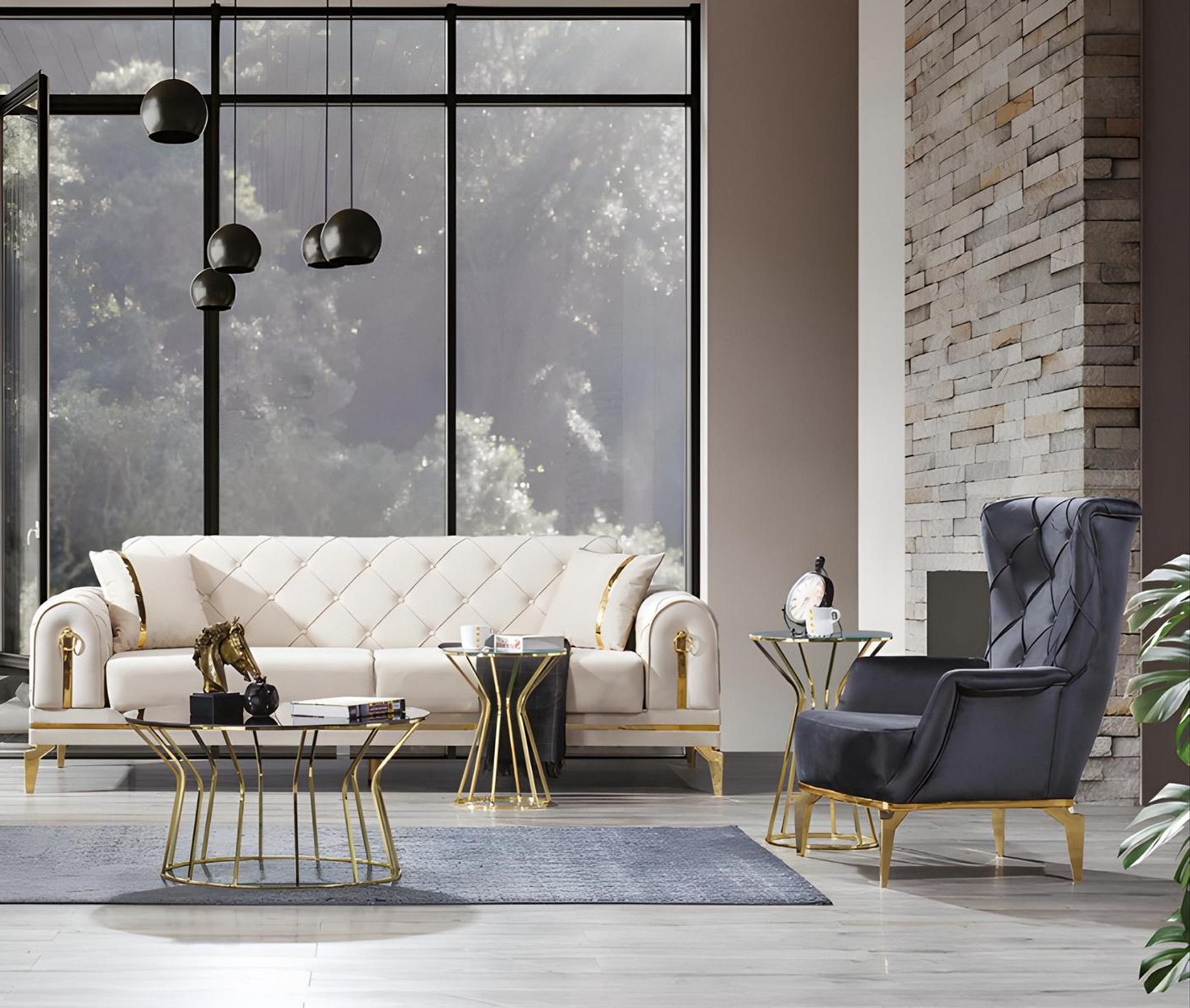 Exklusive Chesterfield Couchgarnitur Weißer Dreisitzer Grauer Sessel
