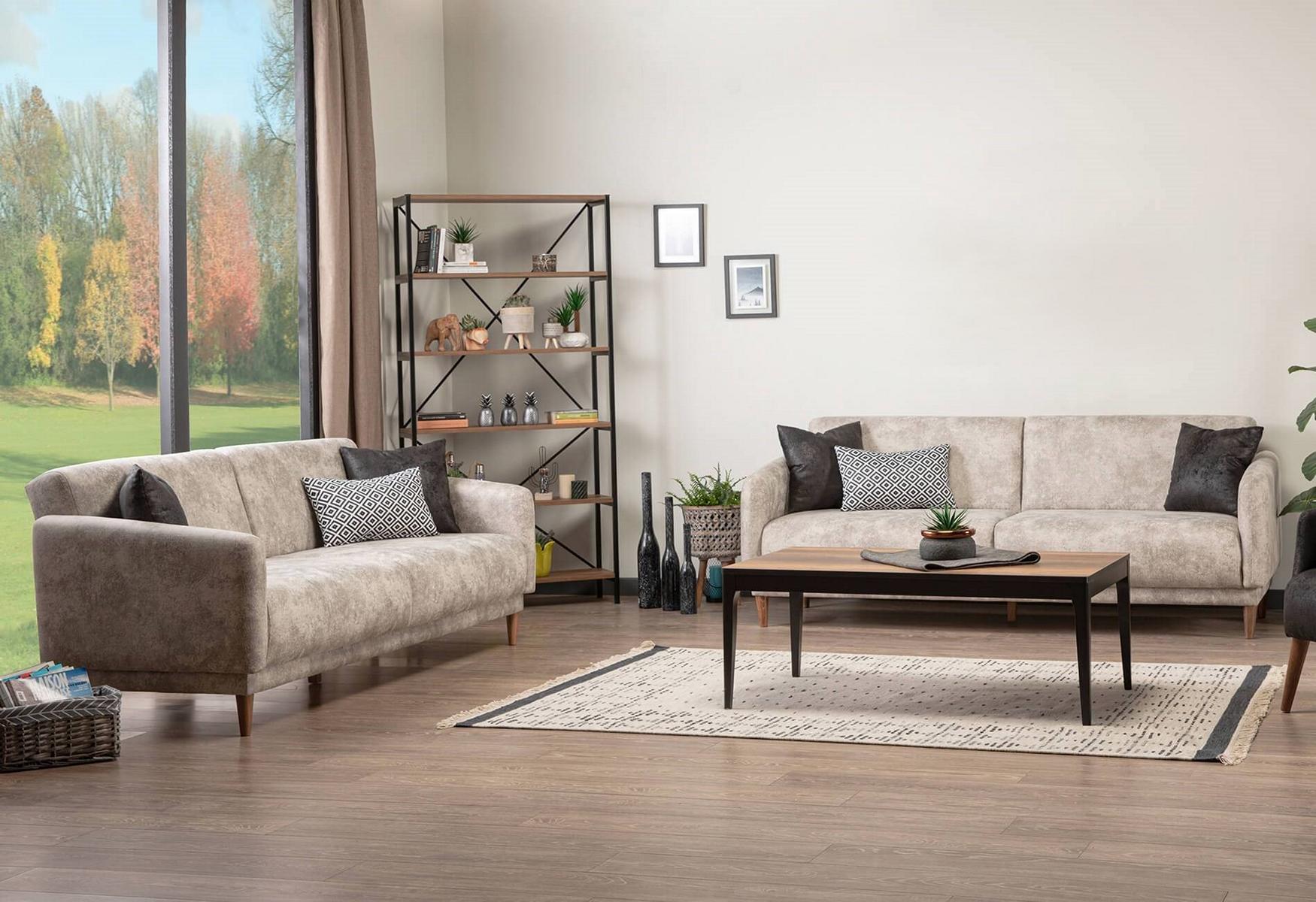 Wohnzimmer Garnitur 2x Sofa 3 Sitzer Couchtisch Bücherregal Holz Polster