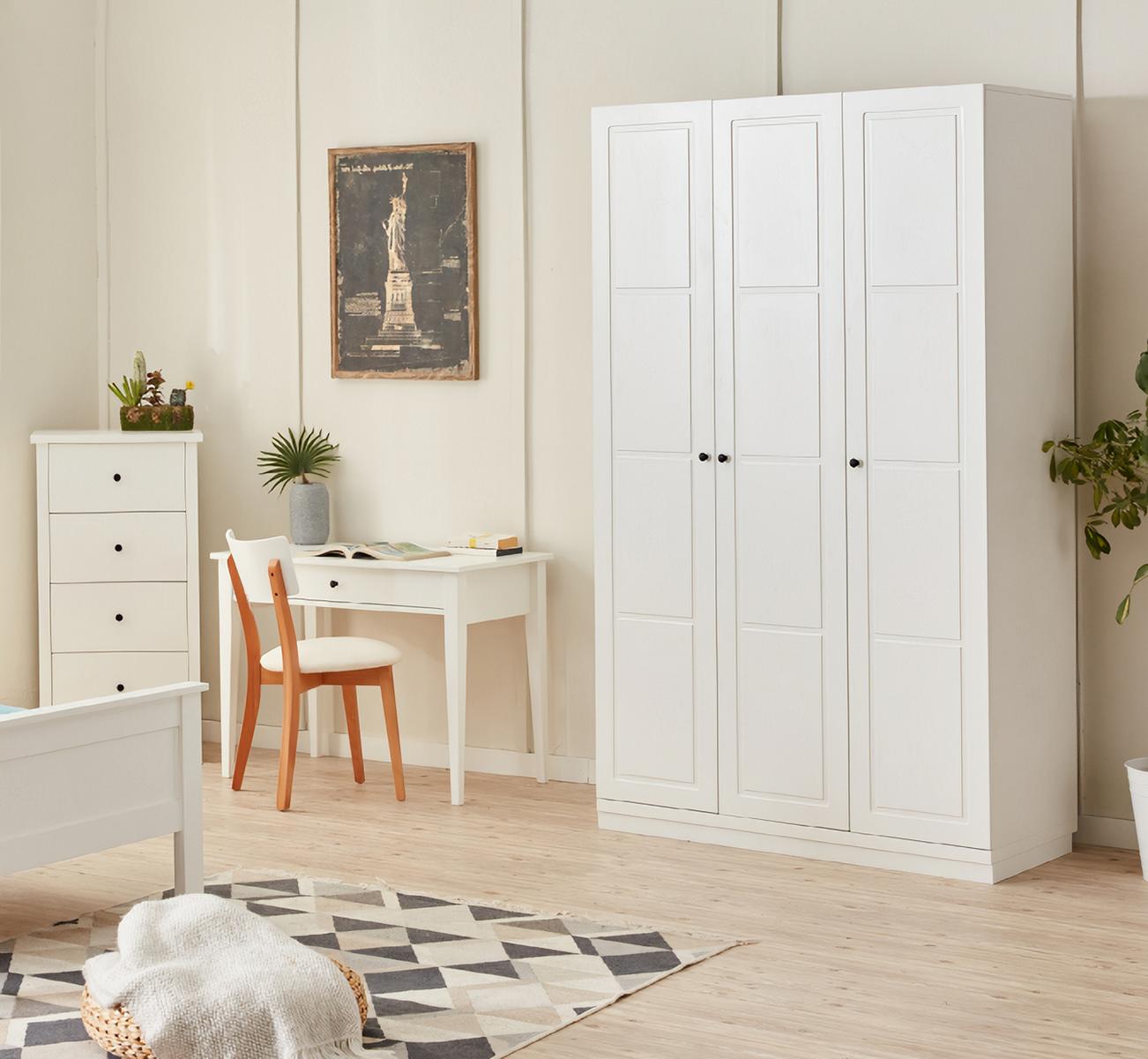 Schlafzimmer Tisch mit Konsole Kleiderschrank Schrank Stuhl Weiß Möbel 3tlg