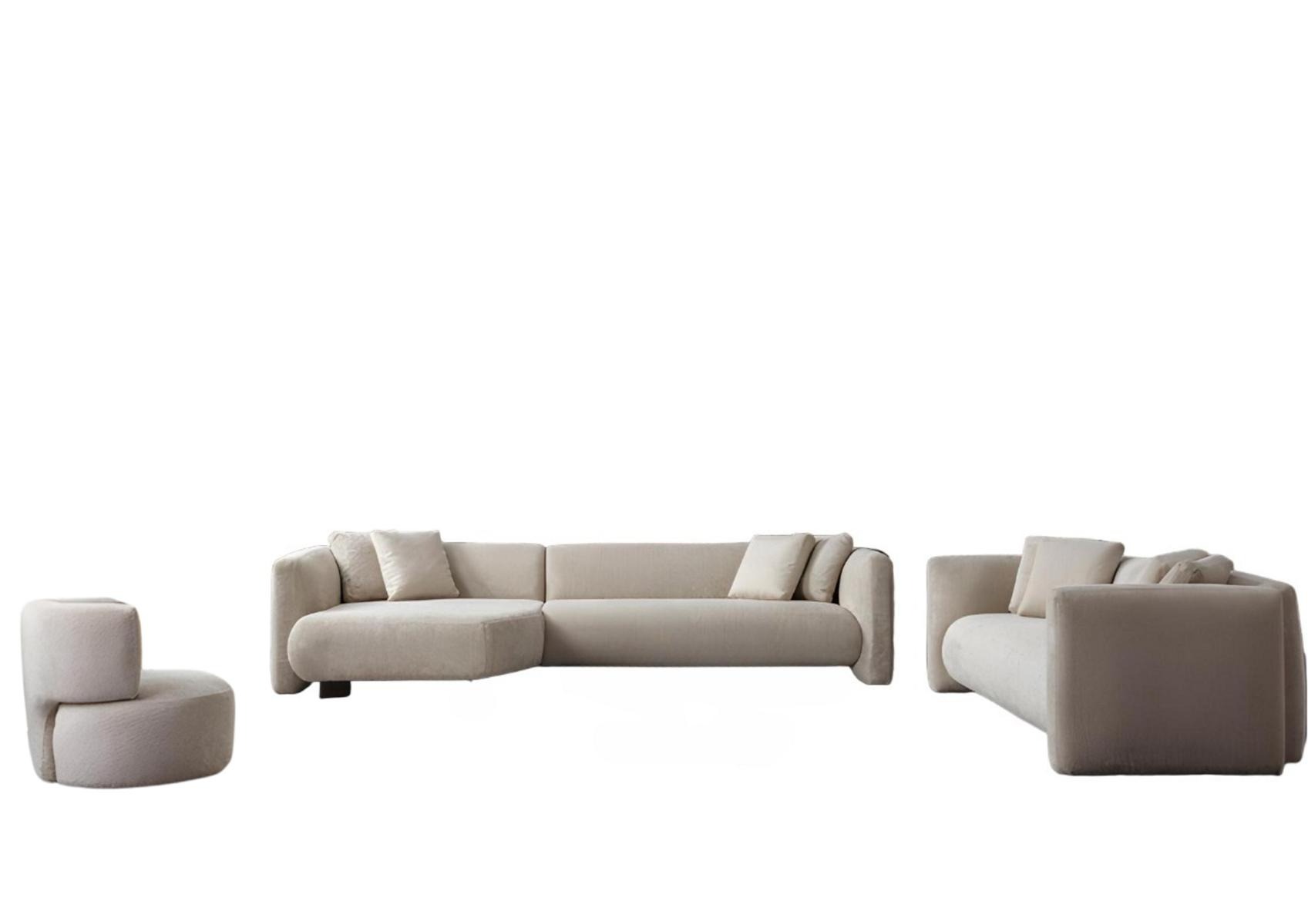 Beige Wohnzimmer Polstergarnitur L-Form Ecksofa Dreisitzer Lehnsessel