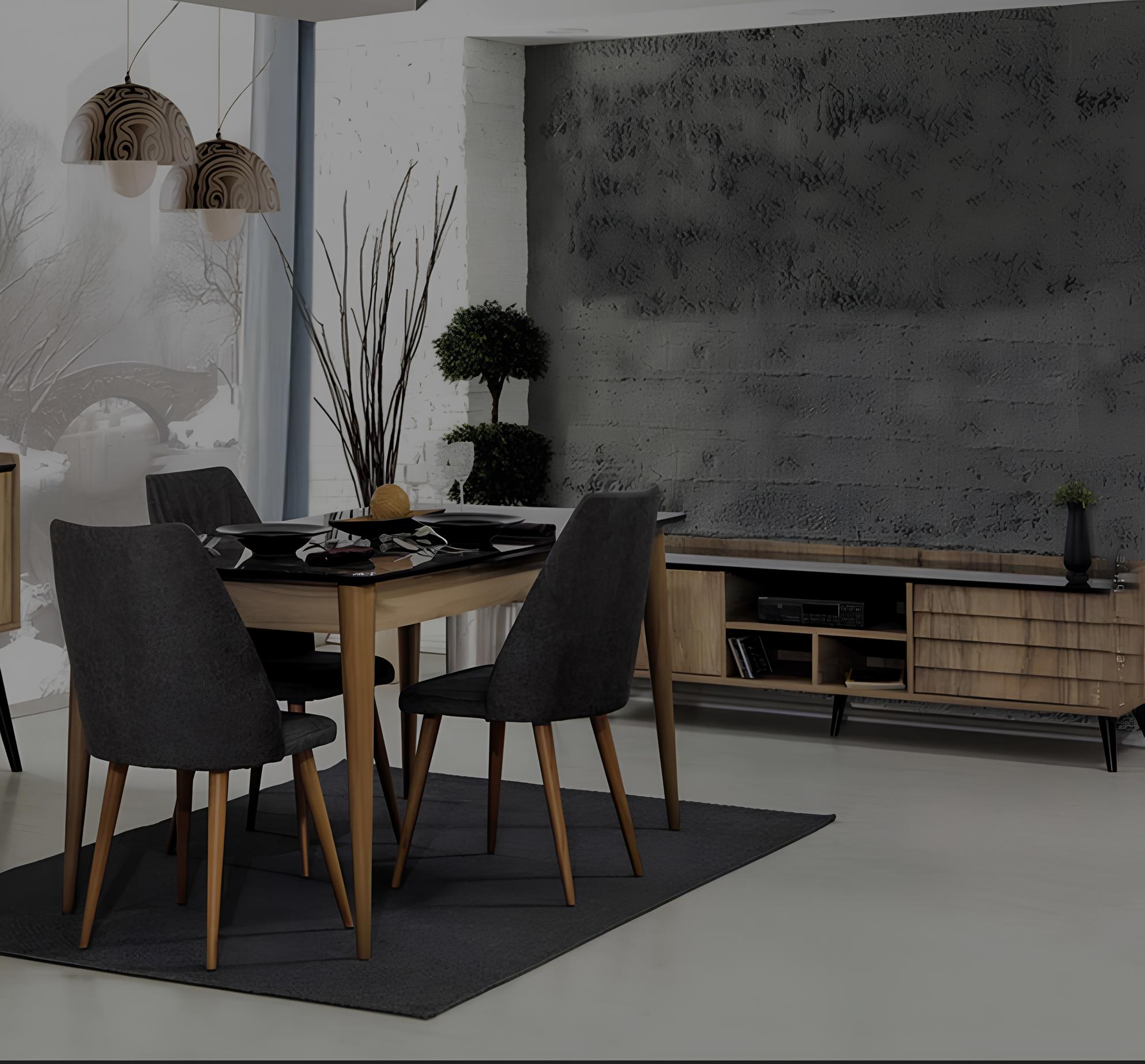 Esszimmer Gruppe Designer Brauner Esstisch 4x Schwarze Polsterstühle