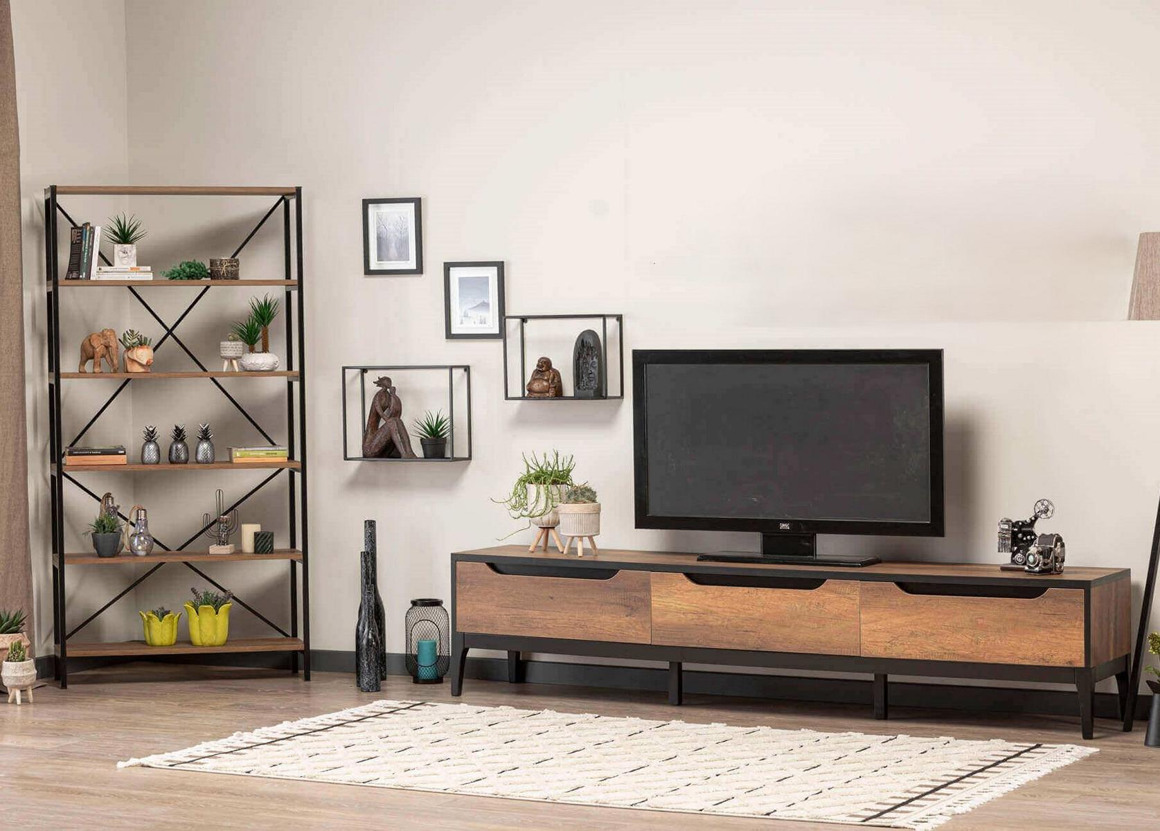 Wohnzimmer TV Ständer Holzmöbel Bücherregal Modern Einrichtung Schrank Wand