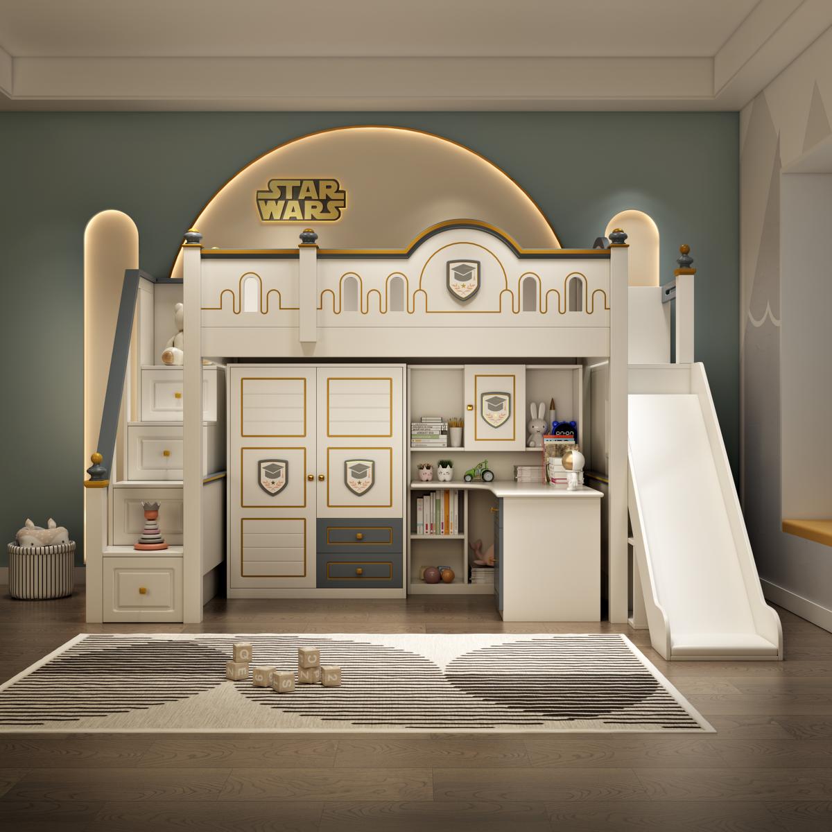Bett Kinderzimmer Betten Etagen Kinderbett Hochbett mit Rutsche Holz Schrank neu