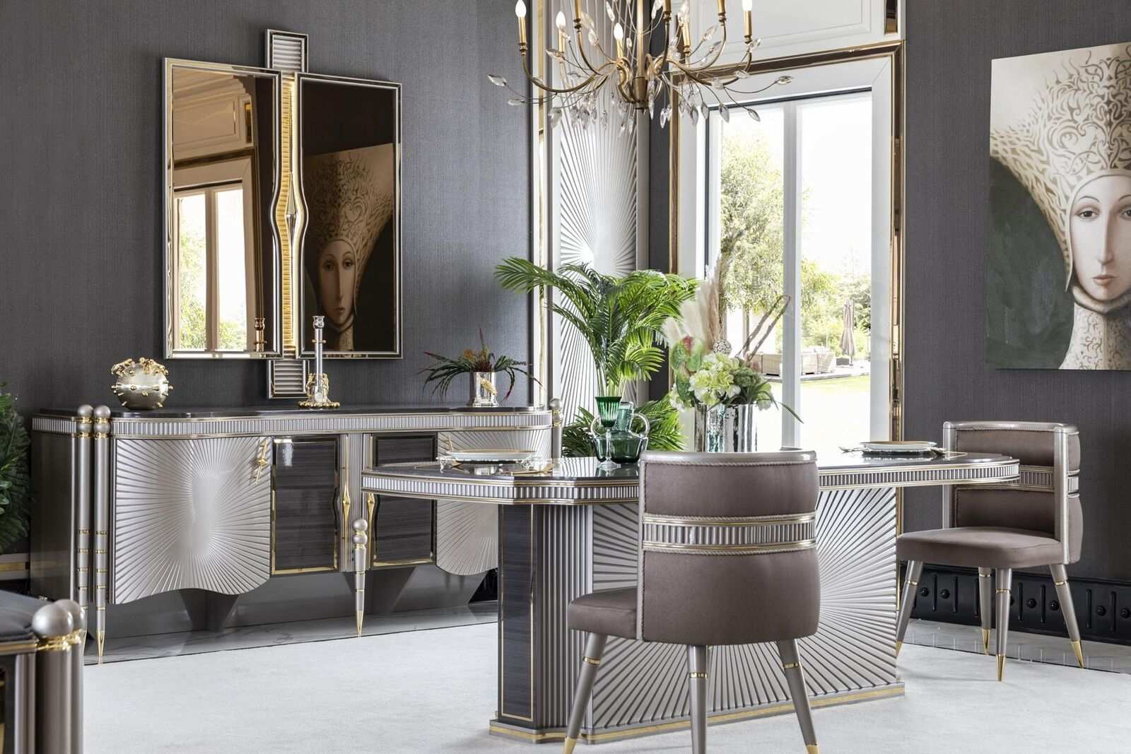Esszimmer Set Grau Esstisch 4x Stühle Elegantes Anrichte Spiegel 7tlg.