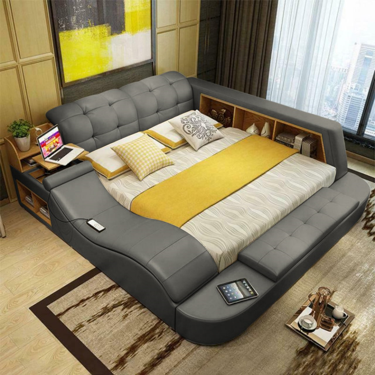 Luxus Funktions Bett mit Tresor Laptop Ablage Doppel Ehe Betten xxl Hotel Leder Sofort