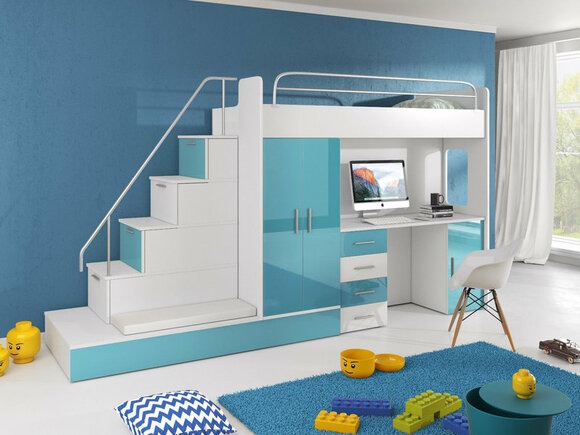 DOPPELSTOCKBETT BLAU STOCKBETT BETT KINDERZIMMER ETAGENBETT MIT SCHREIBTISCH